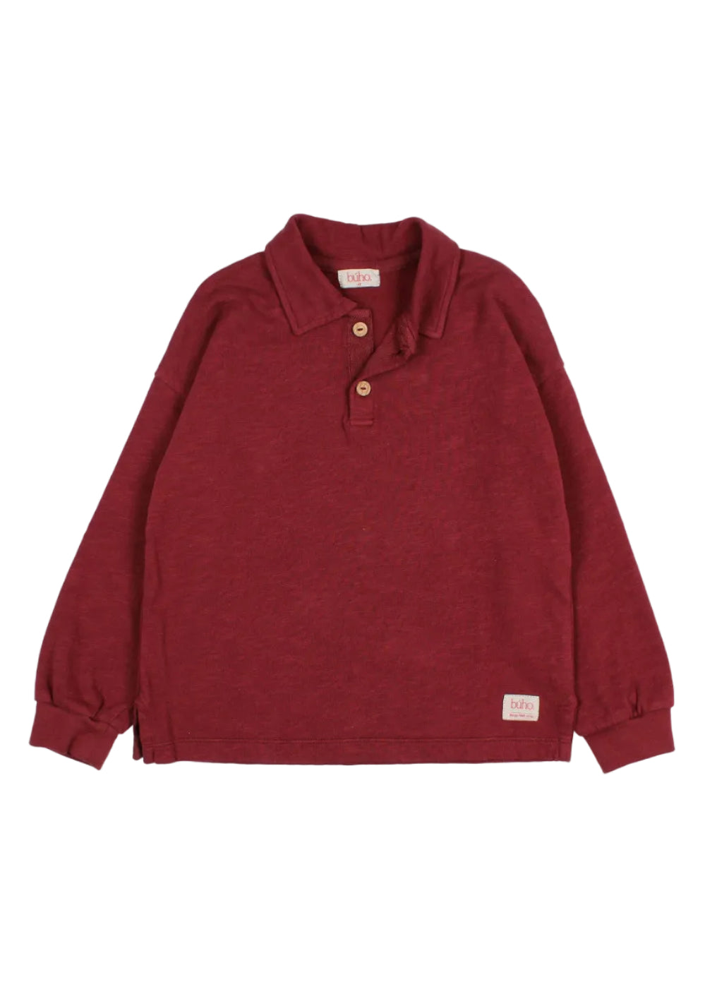 A long-sleeve polo shirt in a heathered burgundy red fabric, featuring a two-button placket and a small rectangular brand patch near the lower hem, displayed flat against a light gray background.