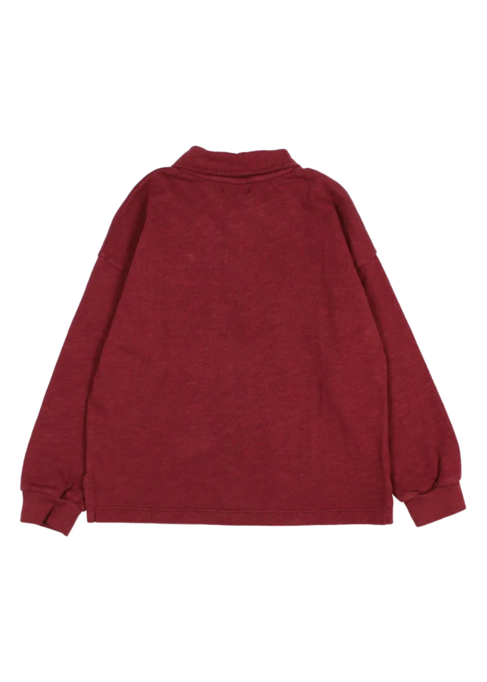 A dark red long-sleeve quarter-zip sweatshirt shown from the back, laid flat against a light gray background.