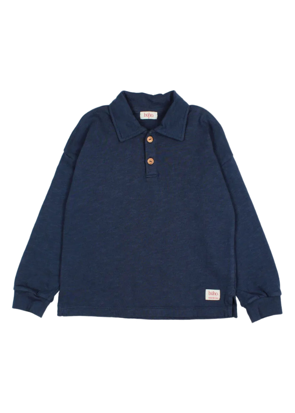 A dark navy blue long-sleeve polo shirt with a three-button placket and small brand labels on the collar and hem, displayed flat against a light off-white background.