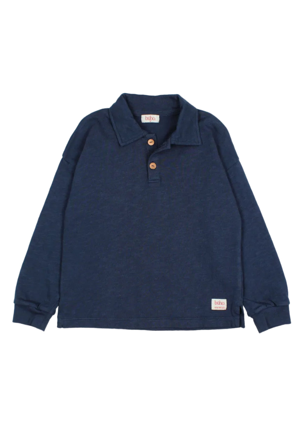 A navy blue long-sleeve polo shirt with a two-button placket and a small brand patch on the lower left hem, displayed flat against a light gray background.