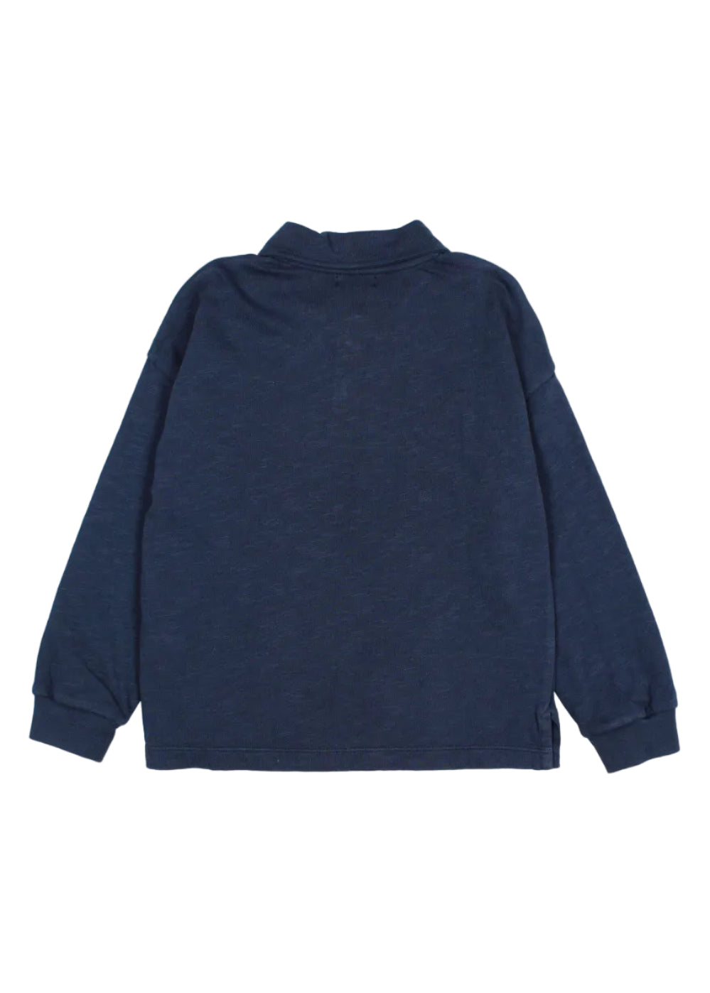 A dark navy blue long-sleeve quarter-zip sweatshirt shown from the back, laid flat against a clean white background.