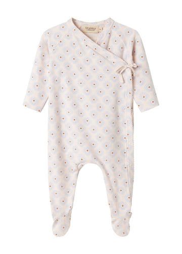 Baby onesie with long sleeves and footies on a white background