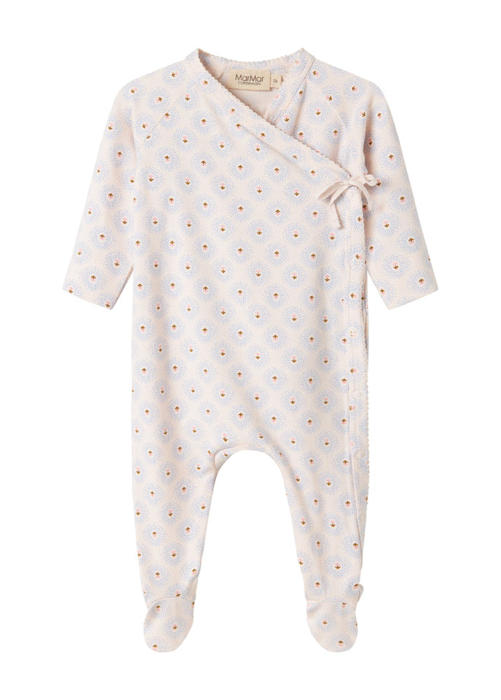 Baby onesie with long sleeves and footies on a white background