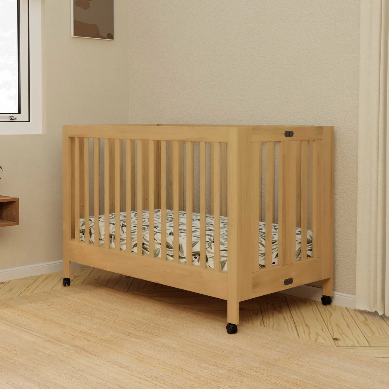 MAKI PORTABLE FOLDING CRIB WITH TODDLER BED CONVERSION KIT - HONEY