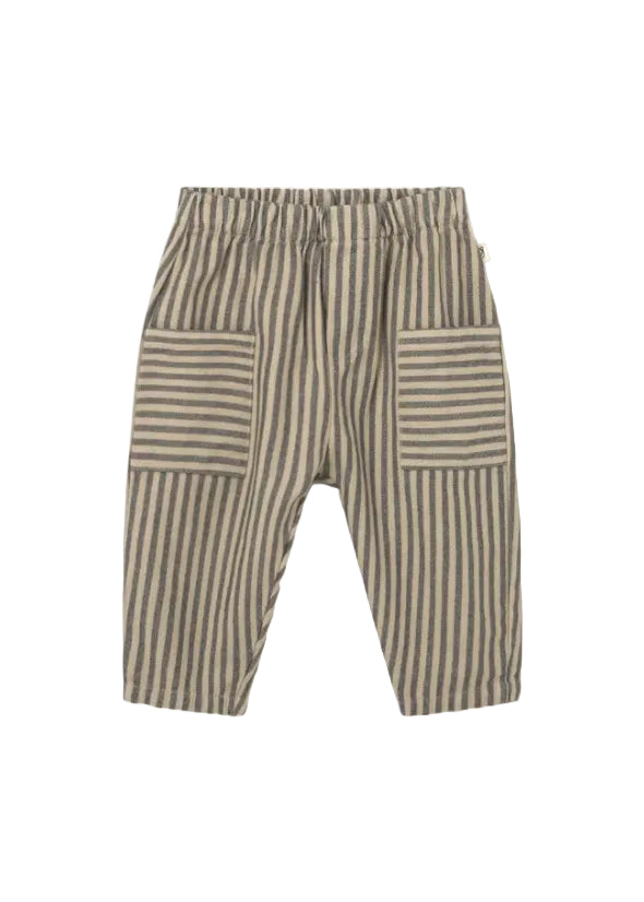 A pair of children's pants featuring vertical stripes in beige and dark gray, with large patch pockets on the thighs and an elastic waistband.