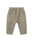 A pair of children's pants featuring vertical stripes in beige and dark gray, with large patch pockets on the thighs and an elastic waistband.