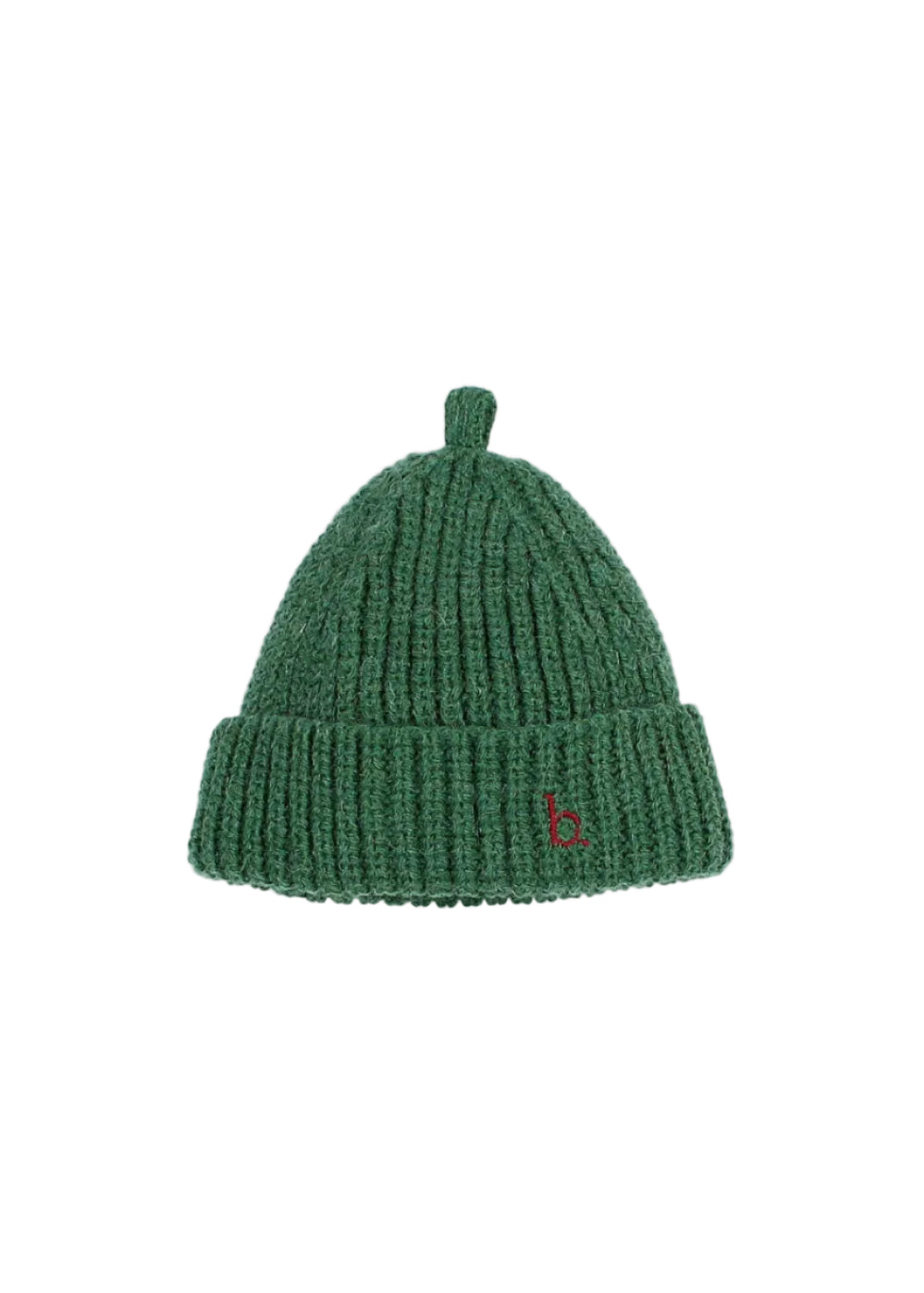 A dark green ribbed knit beanie hat with a small red embroidered logo on the front cuff, shown against a plain light gray background.