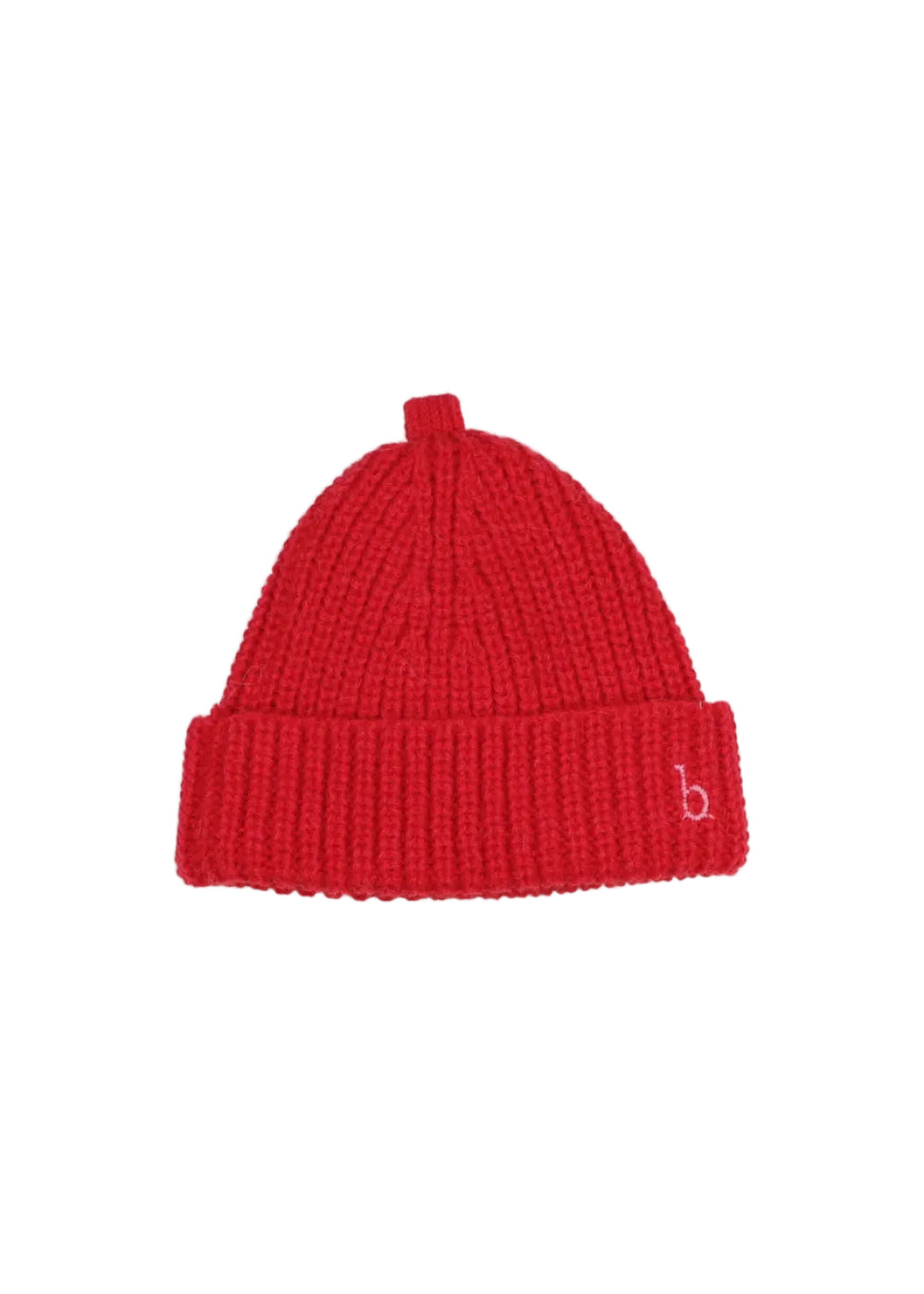 A bright red ribbed knit beanie hat with a small white embroidered lowercase 'b' logo on the folded cuff, shown against a plain light gray background.