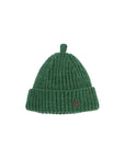 A dark green ribbed knit beanie hat with a small red embroidered logo on the front cuff, shown against a plain light gray background.