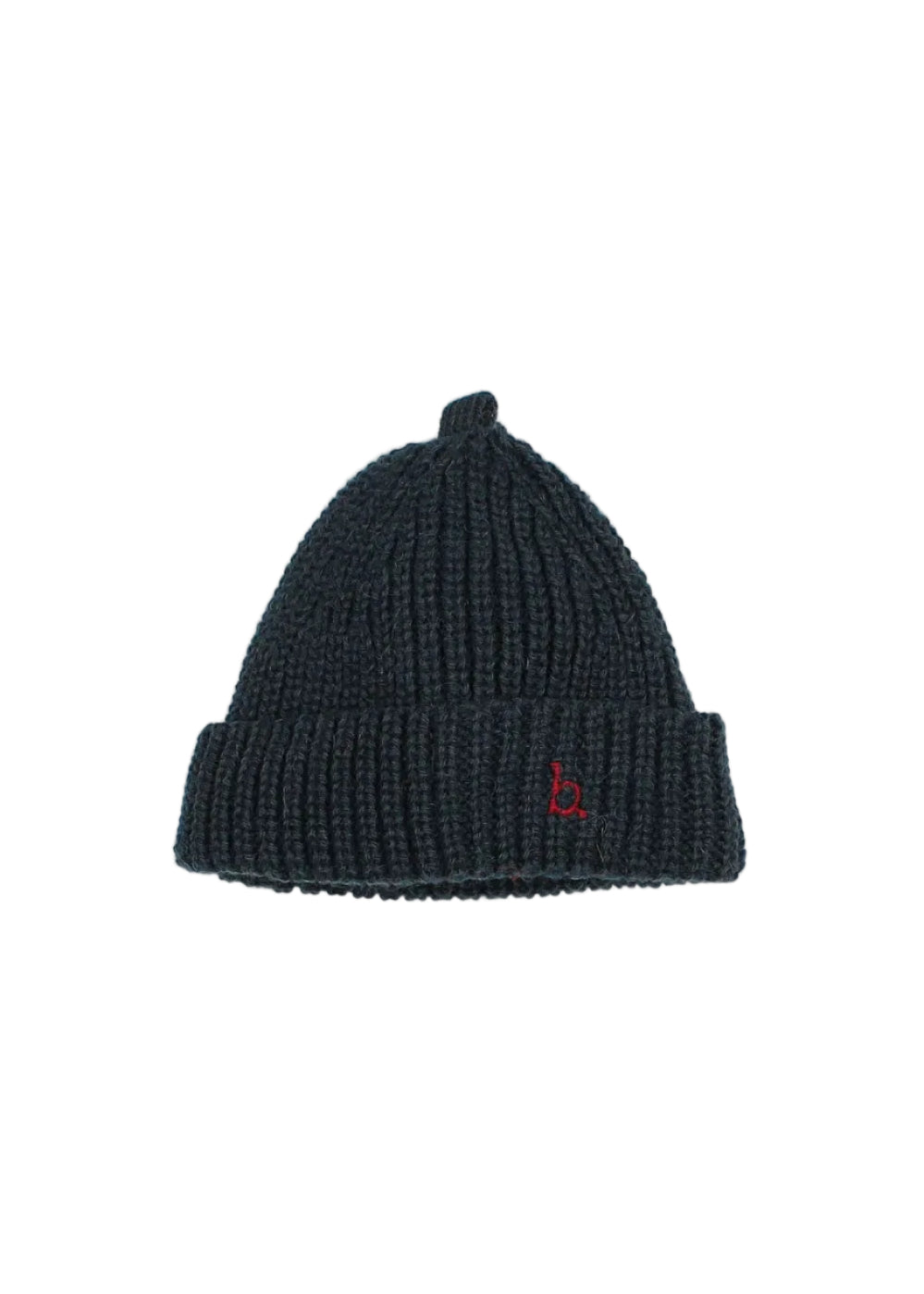 A dark navy blue ribbed knit beanie hat with a small red embroidered logo on the front cuff, shown against a plain light gray background.