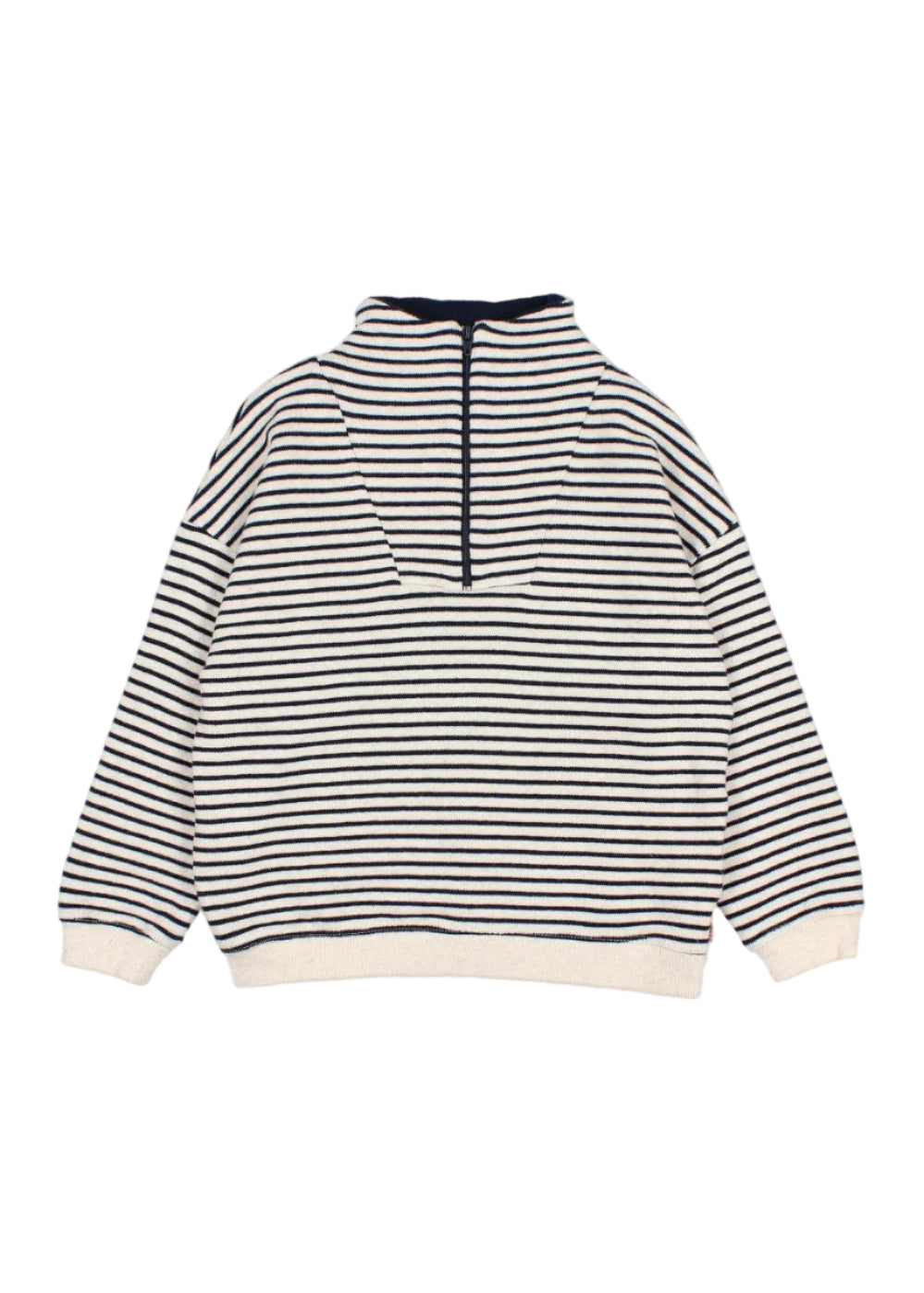 A long-sleeve quarter-zip sweatshirt with horizontal navy and cream stripes, featuring solid cream ribbed cuffs and hem, shown from the back on a light gray background.