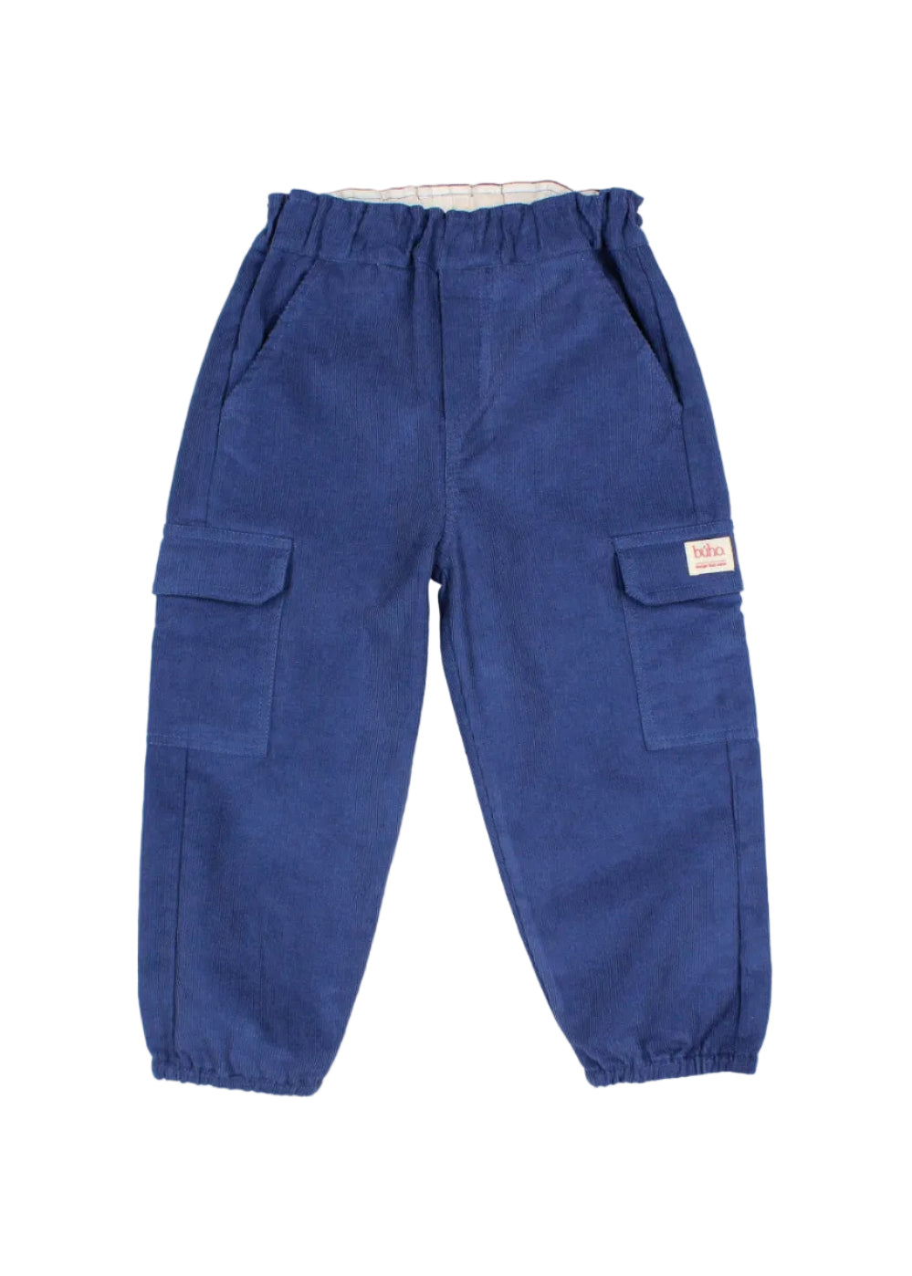 A pair of blue cargo pants with an elastic waistband and elastic cuffs, laid flat against a light gray background.