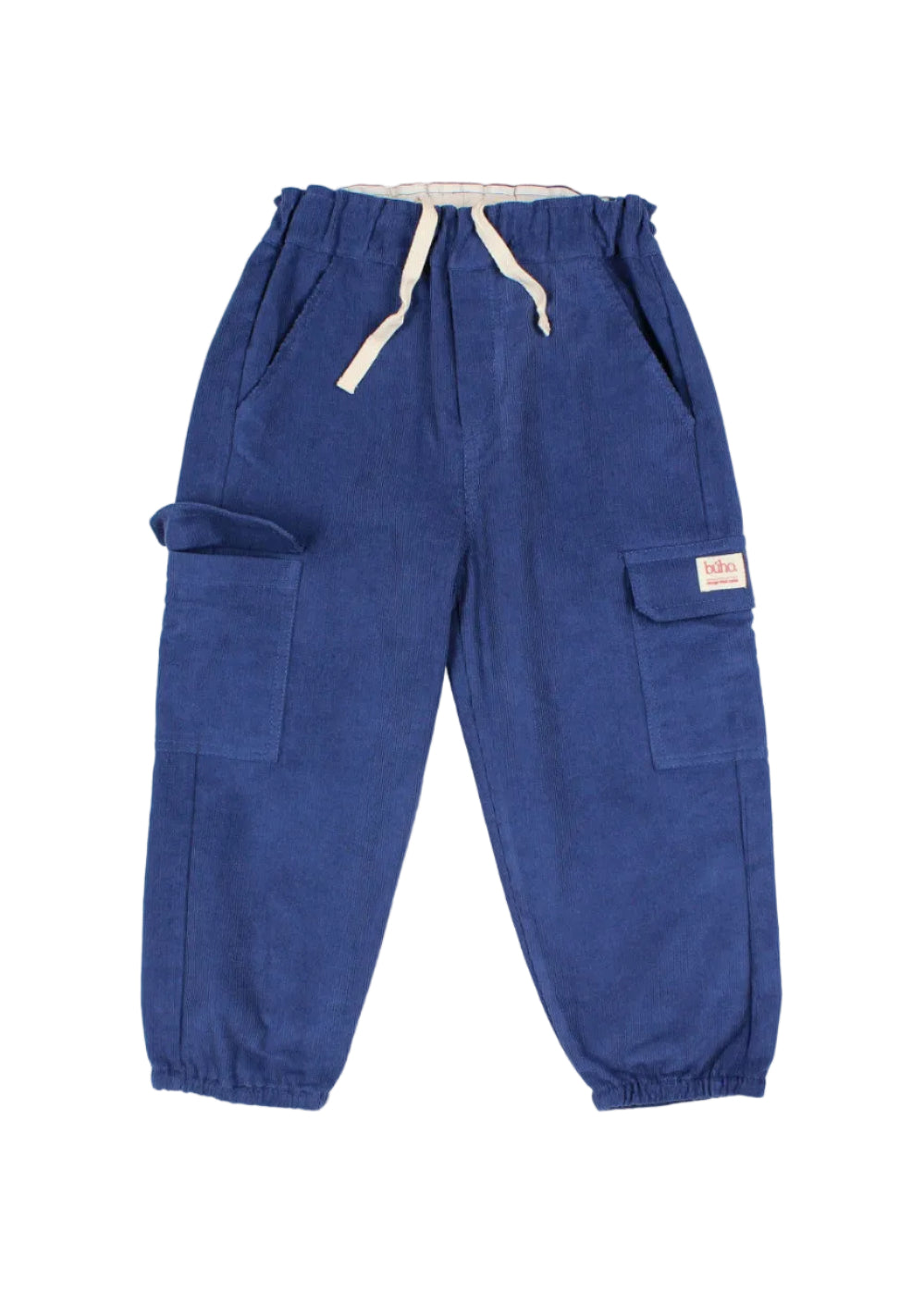 A pair of blue cargo pants with an elastic waistband, cream-colored drawstring, and side utility pockets, shown flat on a light gray background.