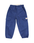 A pair of blue cargo pants with an elastic waistband and elastic cuffs, laid flat against a light gray background.