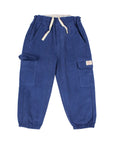 A pair of blue cargo pants with an elastic waistband, cream-colored drawstring, and side utility pockets, shown flat on a light gray background.