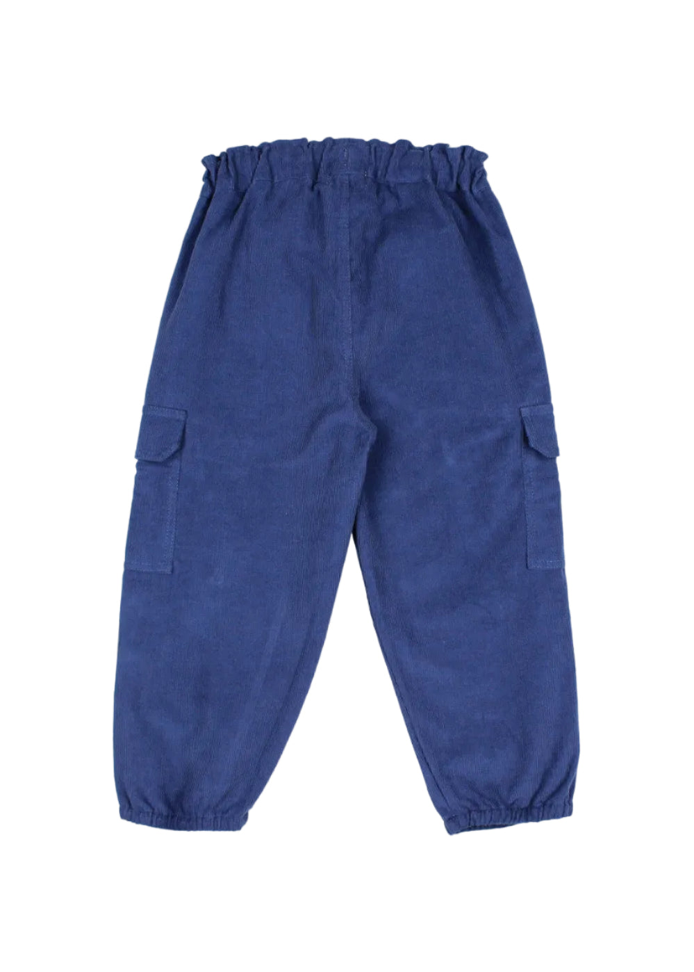A pair of blue corduroy pants with an elastic waistband, side cargo pockets, and elastic cuffs, laid flat on a light gray background.