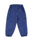 A pair of blue corduroy pants with an elastic waistband, side cargo pockets, and elastic cuffs, laid flat on a light gray background.