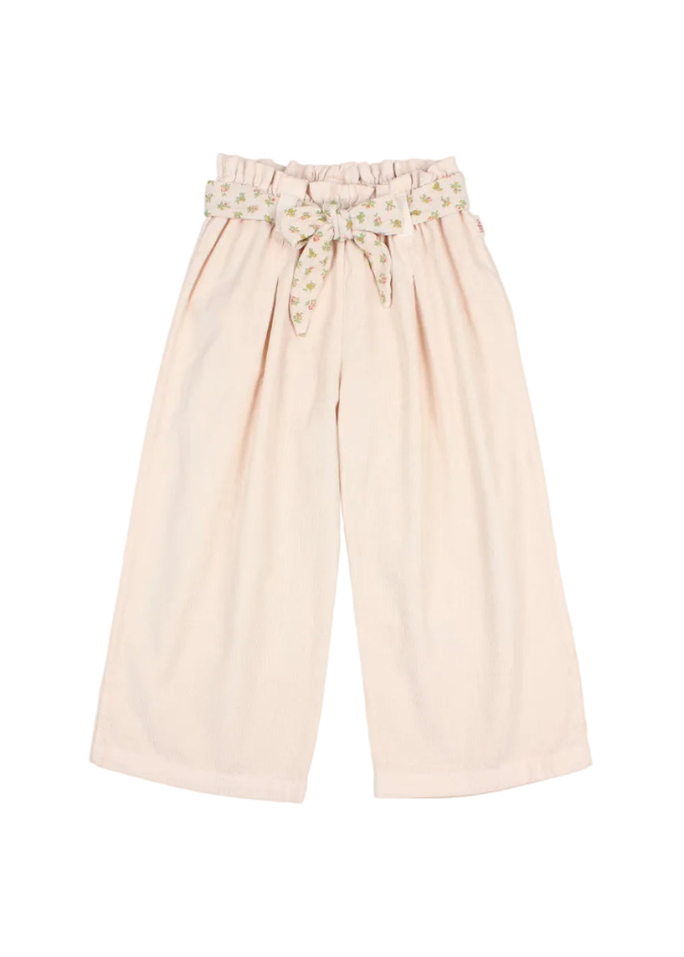 A pair of light pink wide-leg trousers for kids, featuring an elastic waistband with a small floral pattern and a matching fabric bow at the front.