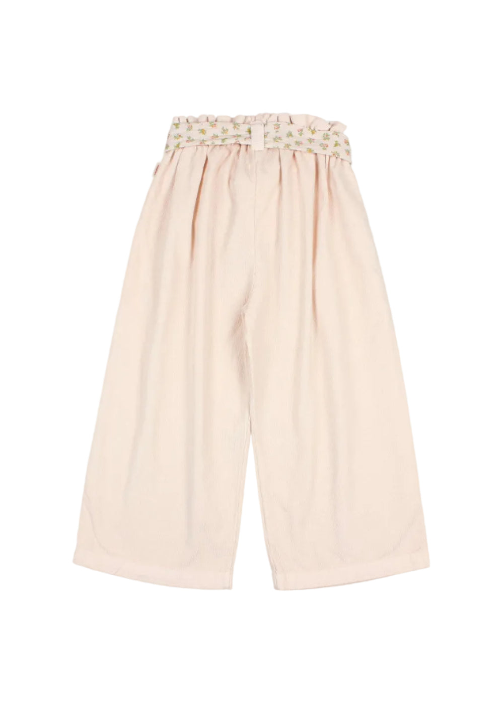 Light pink wide-leg cropped pants with a gathered elastic waistband featuring a small floral pattern, shown flat on a light gray background.