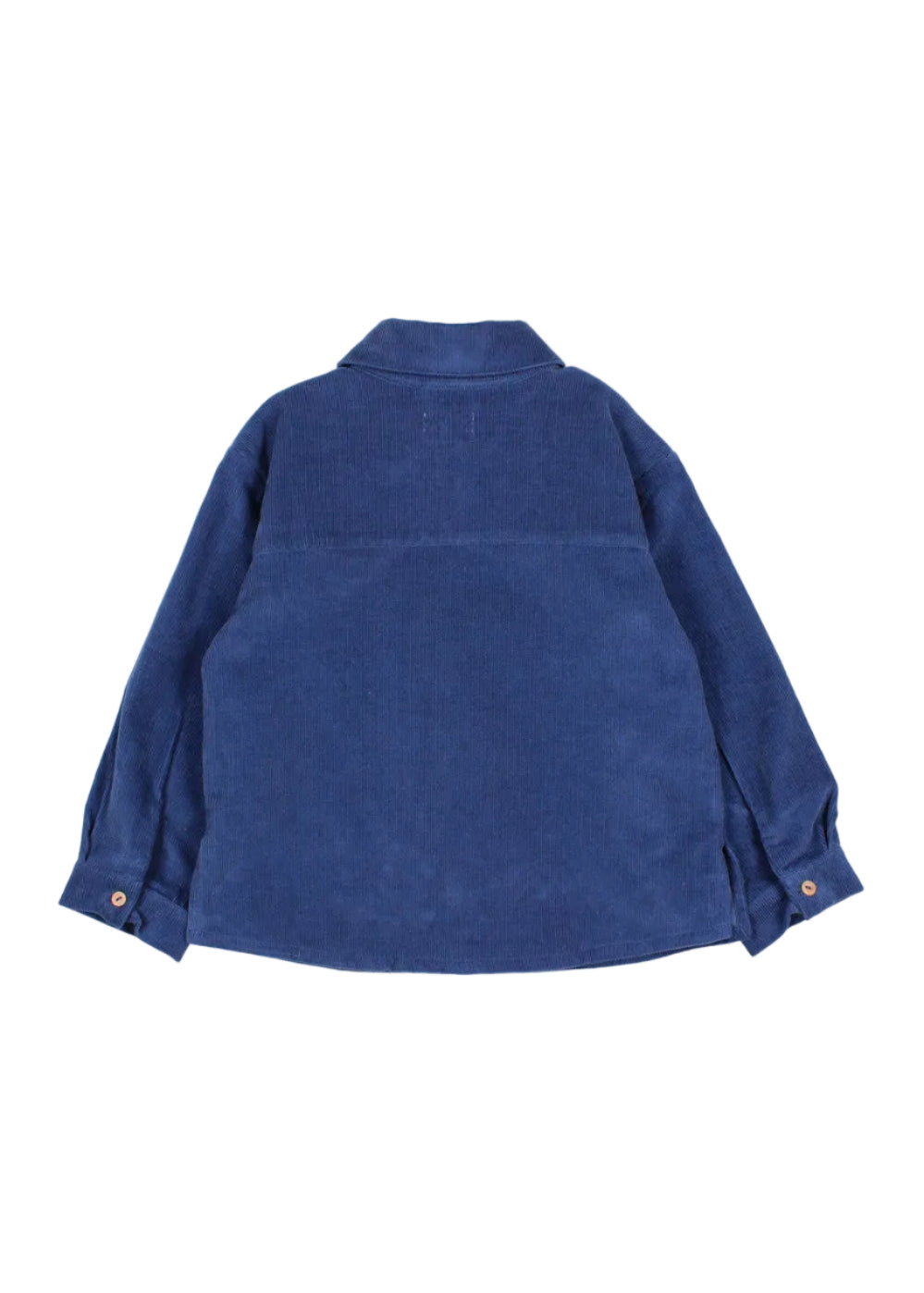 A blue corduroy shirt jacket shown from the back, featuring a classic collar and button cuffs, laid flat against a clean white background.