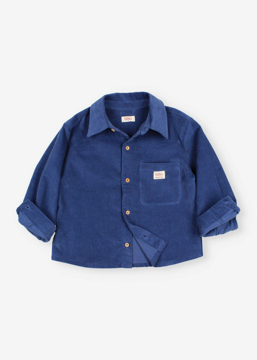 A blue corduroy button-up shirt with rolled-up sleeves and a chest pocket, laid flat on a light gray background.