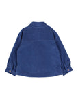 A blue corduroy shirt jacket shown from the back, featuring a classic collar and button cuffs, laid flat against a clean white background.