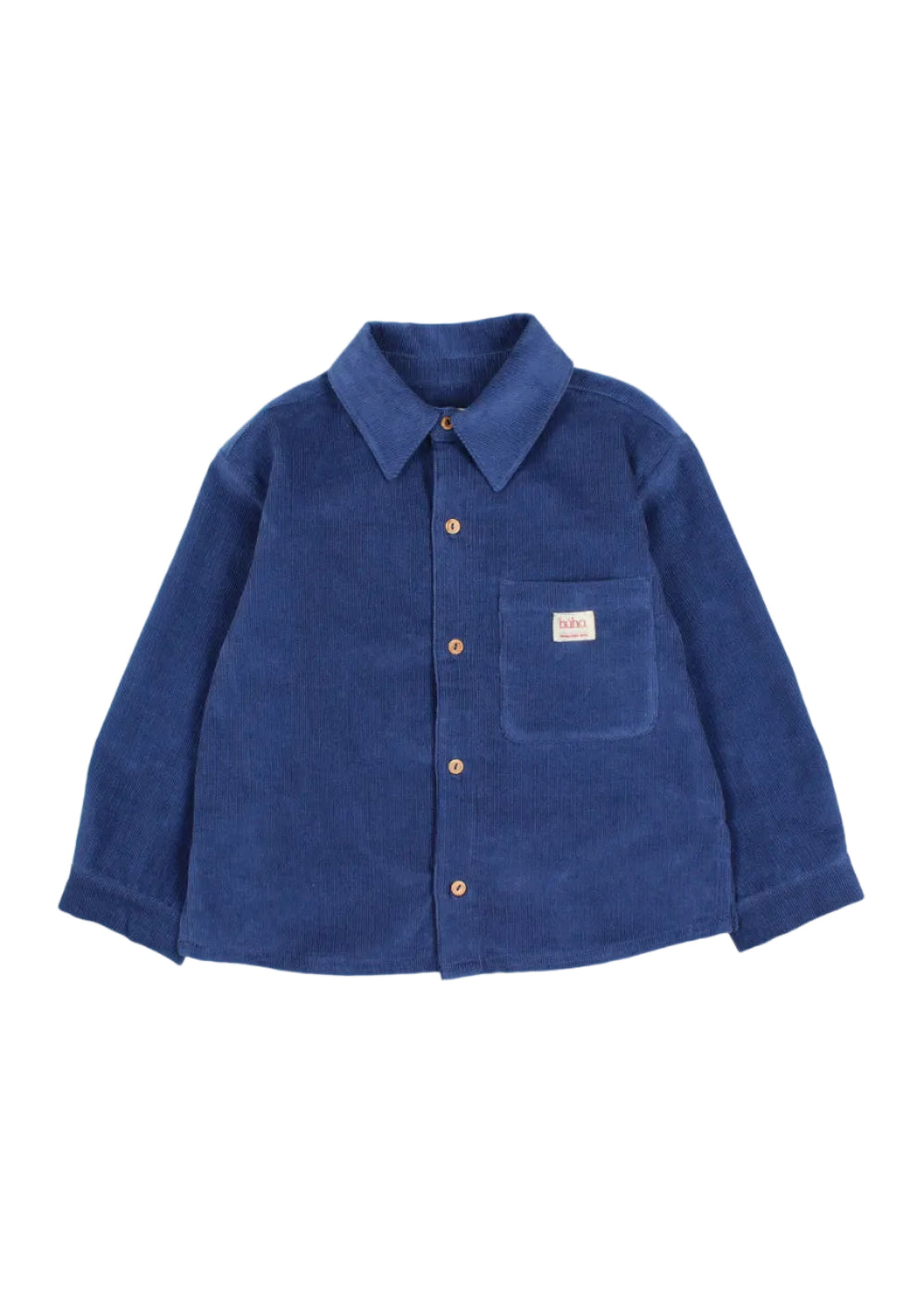 A blue corduroy long-sleeve button-up shirt with a chest pocket and a small brand label, displayed flat against a light gray background.