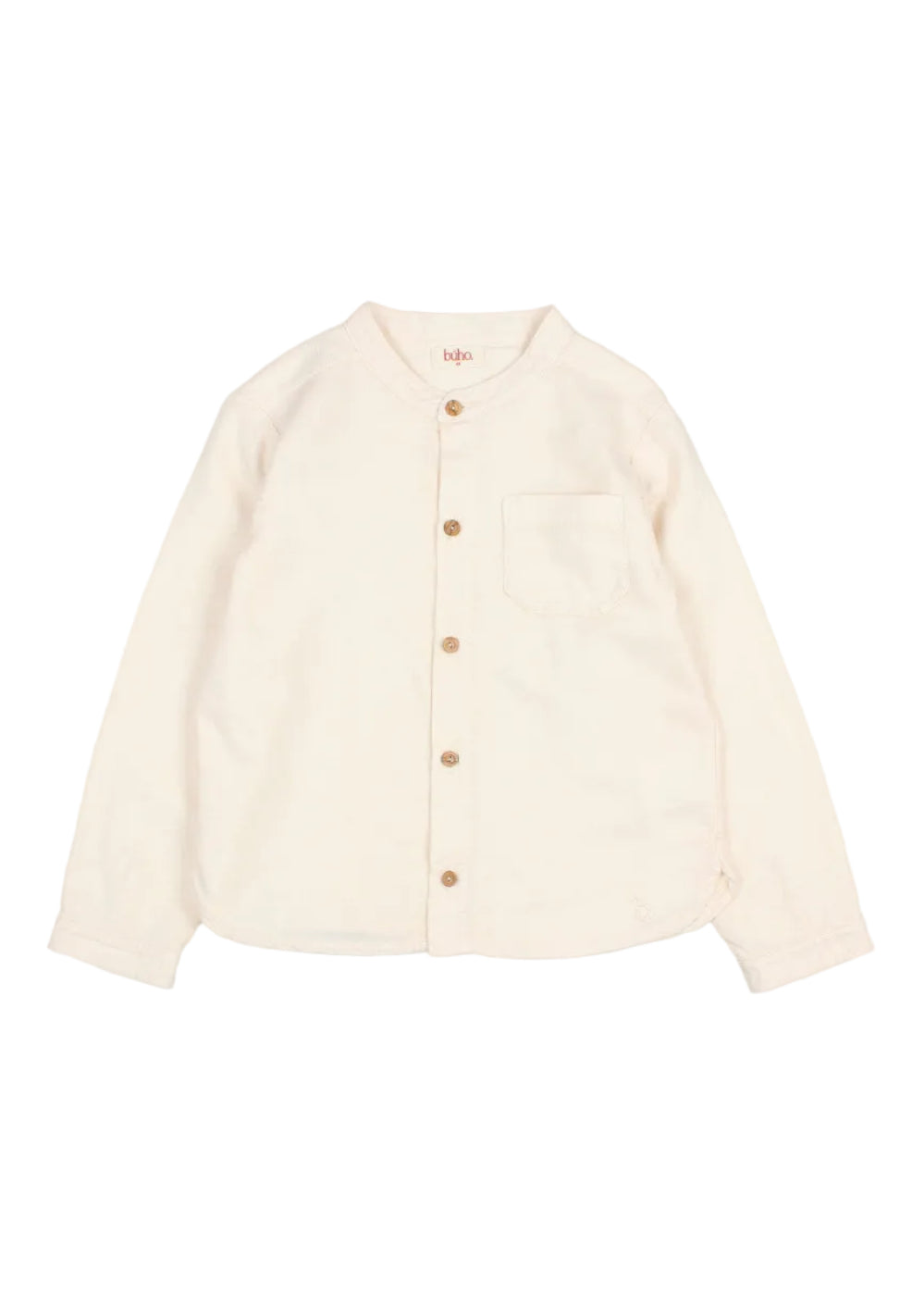A cream-colored long-sleeve button-up shirt with a mandarin collar, a chest pocket, and brown buttons, laid flat on a light gray background.