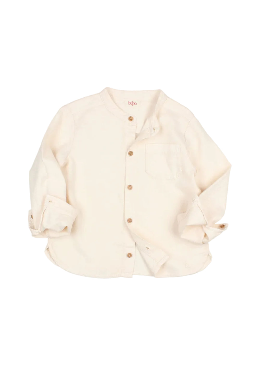 A cream-colored long-sleeve button-up shirt with rolled cuffs and a chest pocket, laid flat on a light gray background.