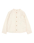 A cream-colored long-sleeve button-up shirt with a mandarin collar, a chest pocket, and brown buttons, laid flat on a light gray background.