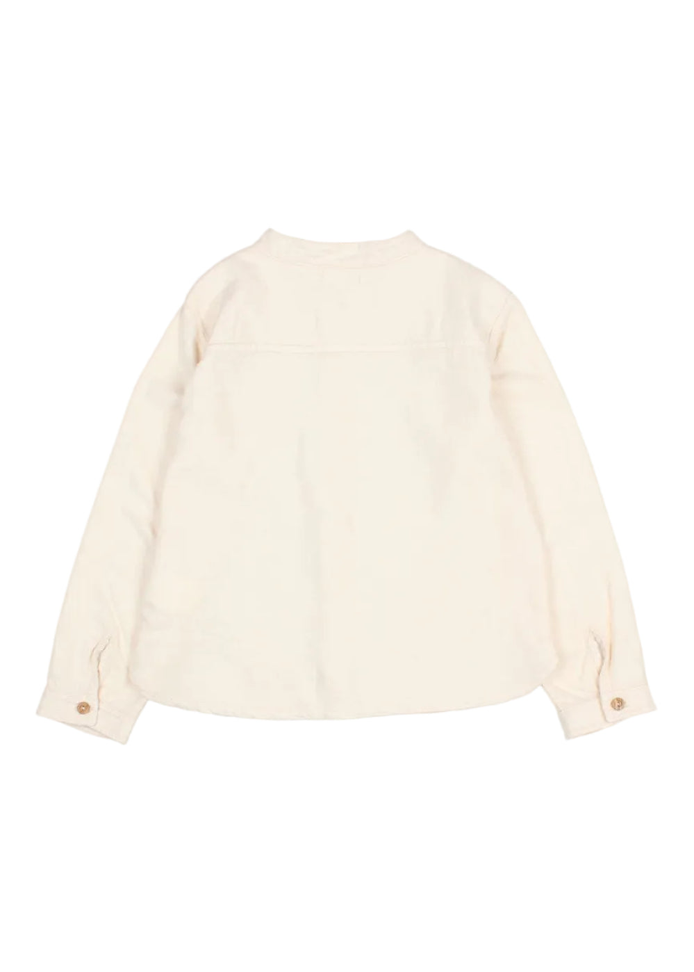 A cream-colored long-sleeve shirt shown from the back, featuring a crew neck, subtle stitched detailing across the upper back, and buttoned cuffs, laid flat against a light gray background.