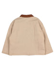 A beige canvas jacket shown from the back, featuring a contrasting brown collar, photographed against a clean white background.