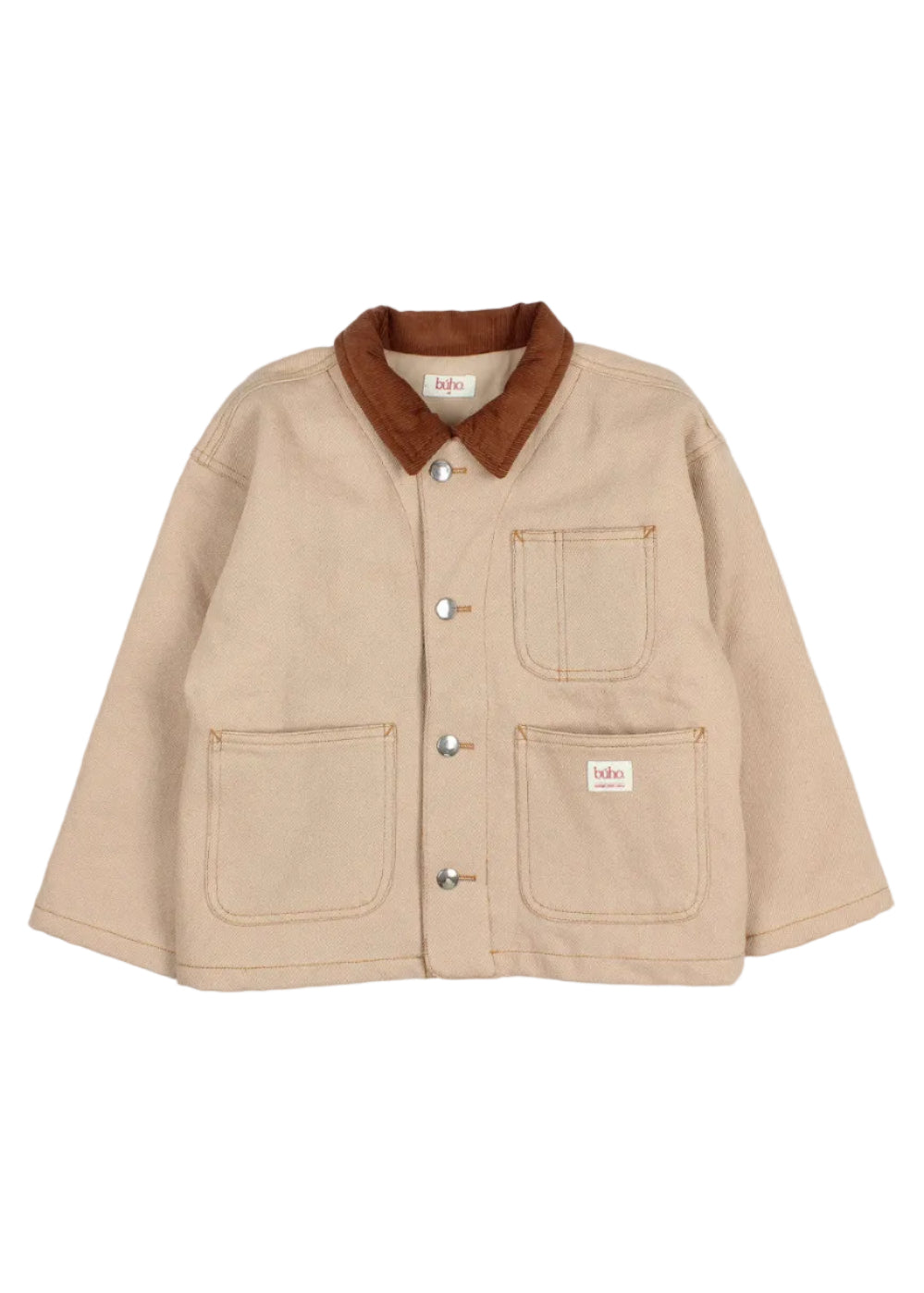 A beige canvas utility jacket with a brown corduroy collar, featuring silver snap buttons and four front patch pockets, laid flat on a light gray background.