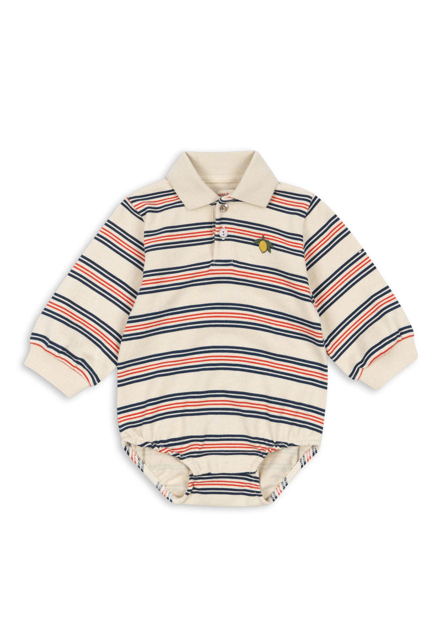 Striped baby romper with a collar on a white background