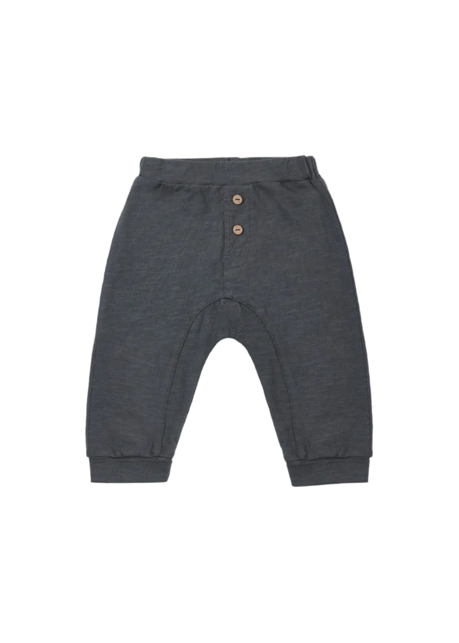 Dark gray baby pants with button details on a white background