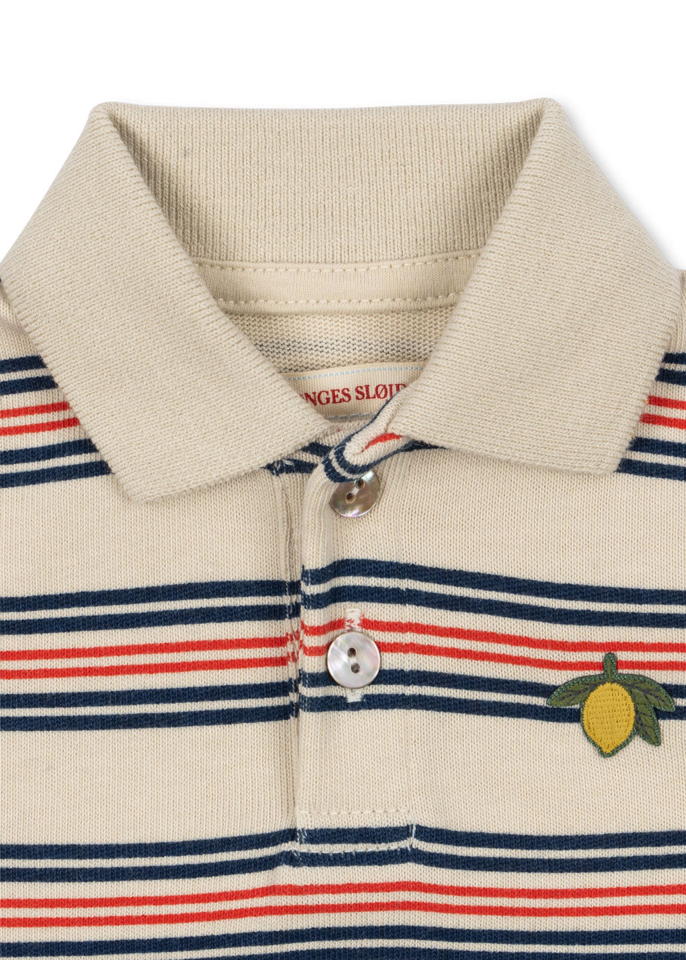 Beige polo shirt with red and blue stripes and a lemon emblem on a white background