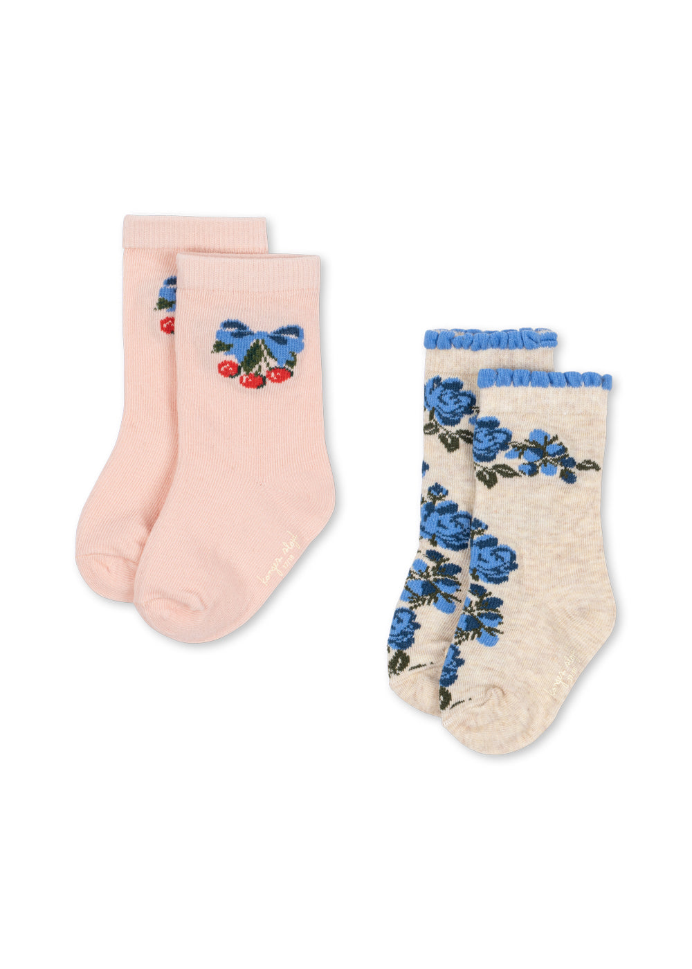 Two pairs of socks, one pink with blue floral design and red berries, the other beige with blue floral design.