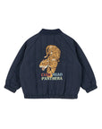 Navy blue jacket with a tiger graphic and text on a white background