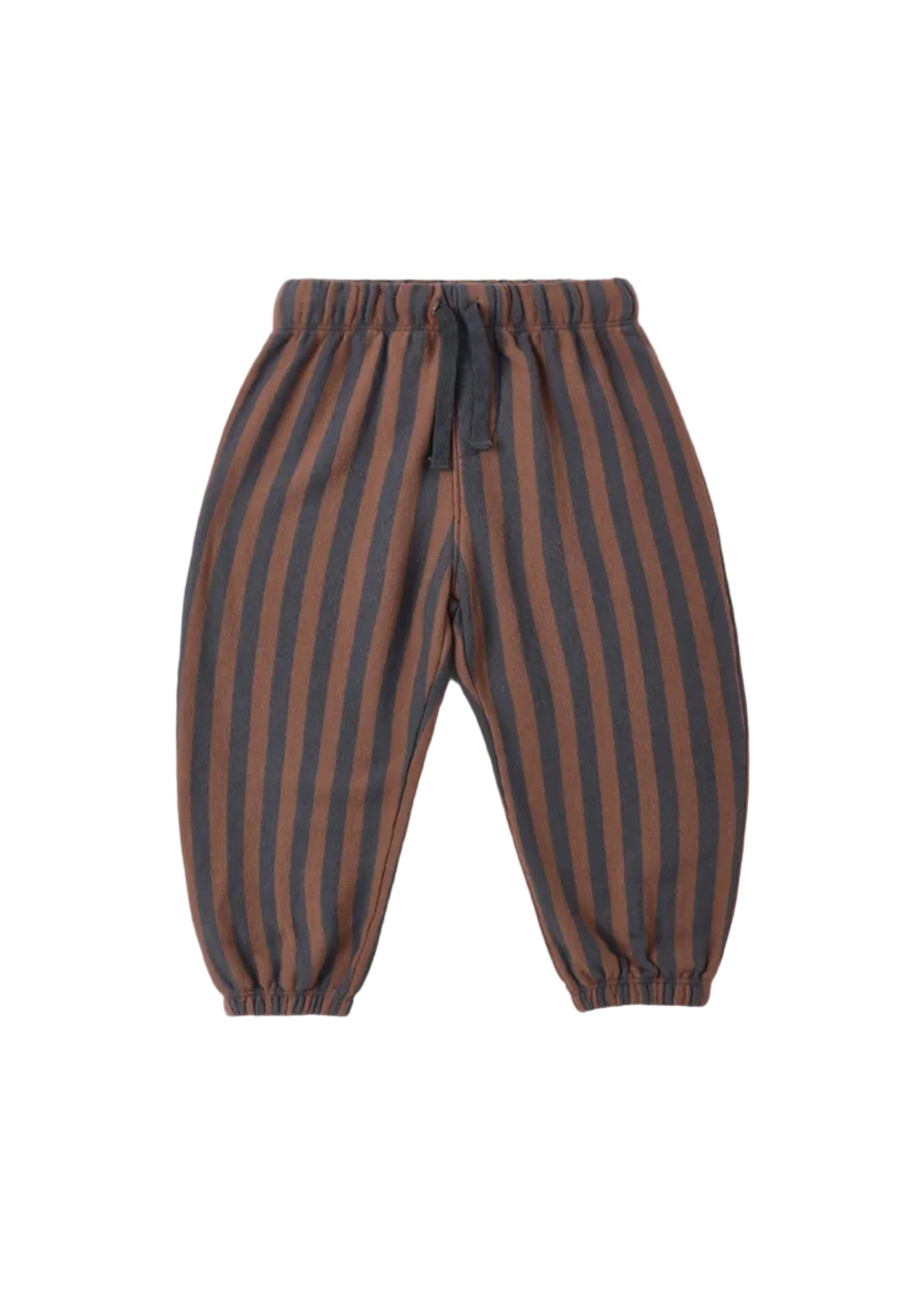 Striped pants with brown and blue stripes on a white background
