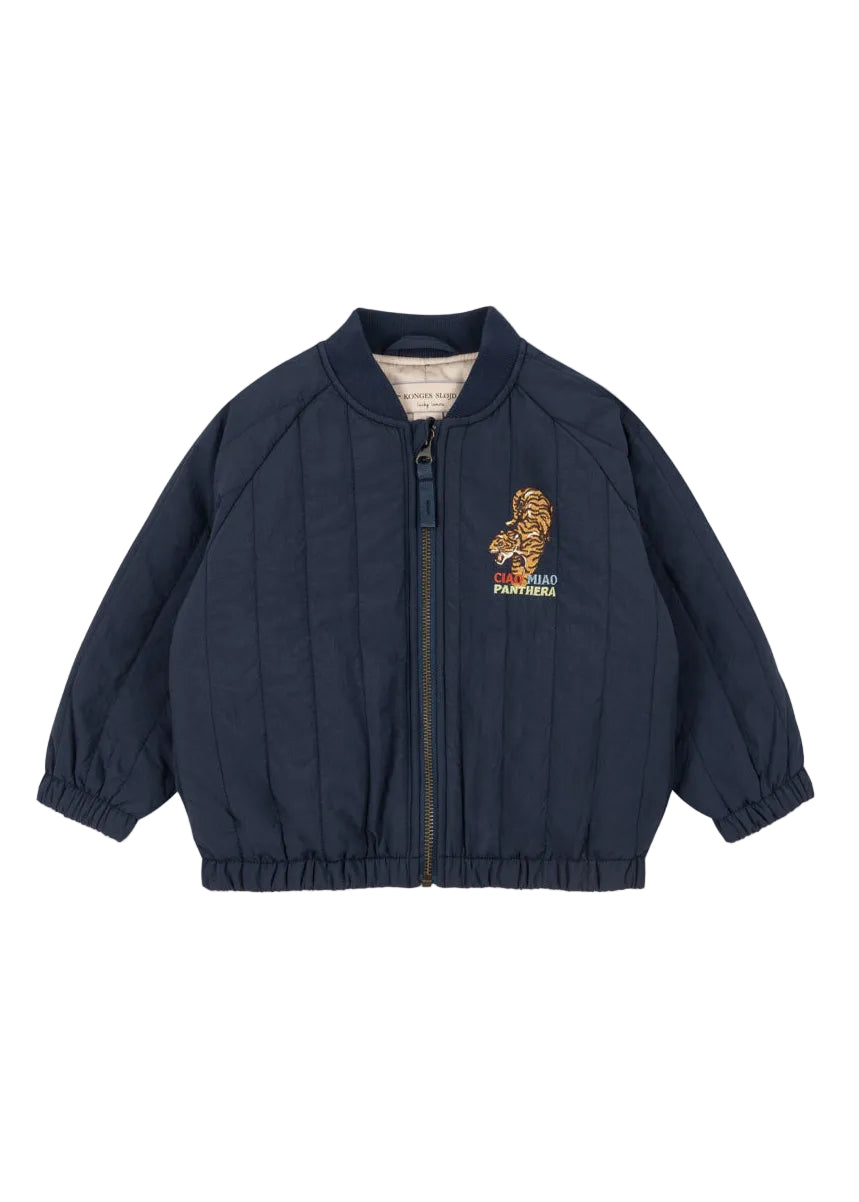 Navy blue jacket with a logo on a white background