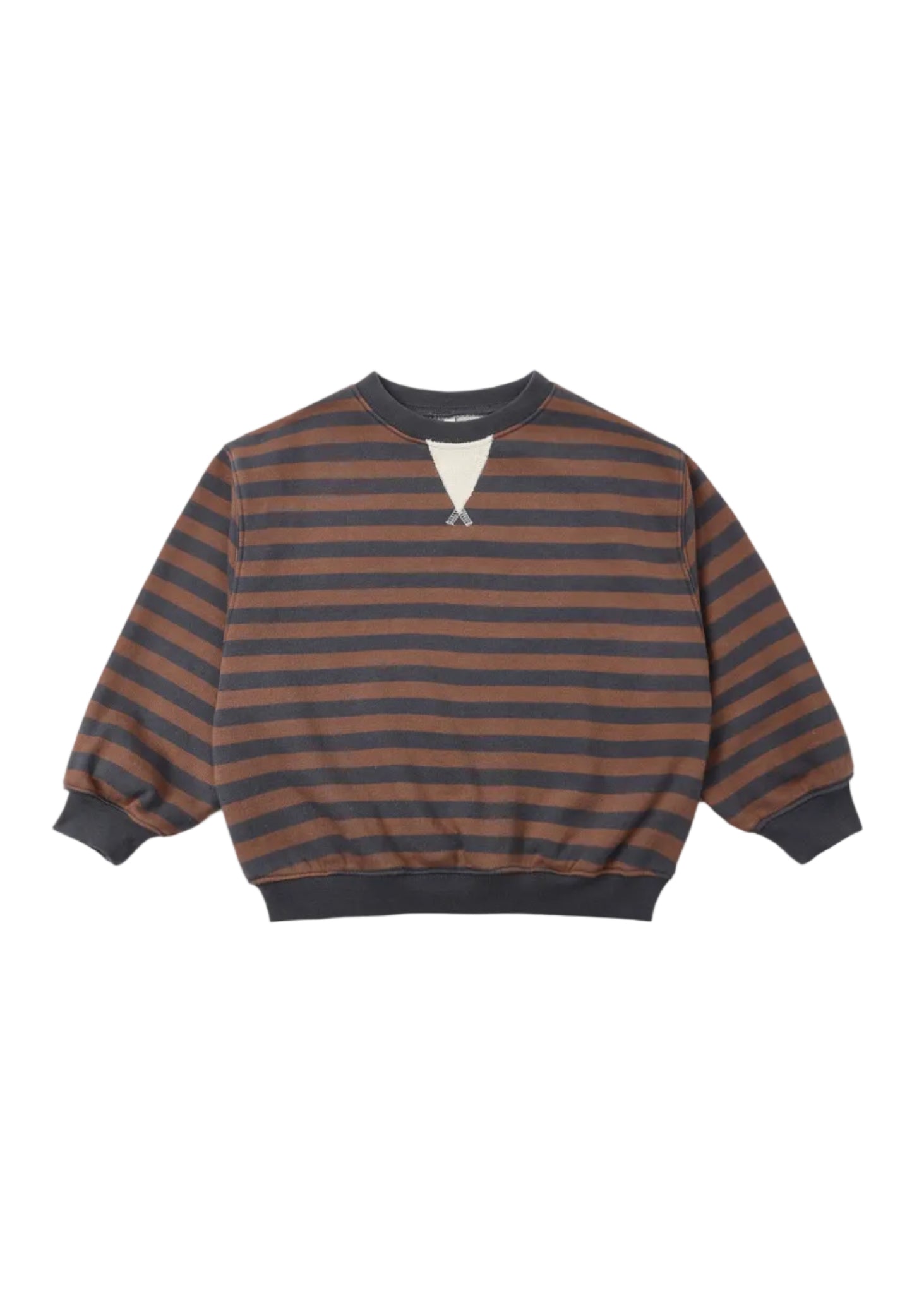 Striped sweater with brown and navy horizontal stripes on a white background