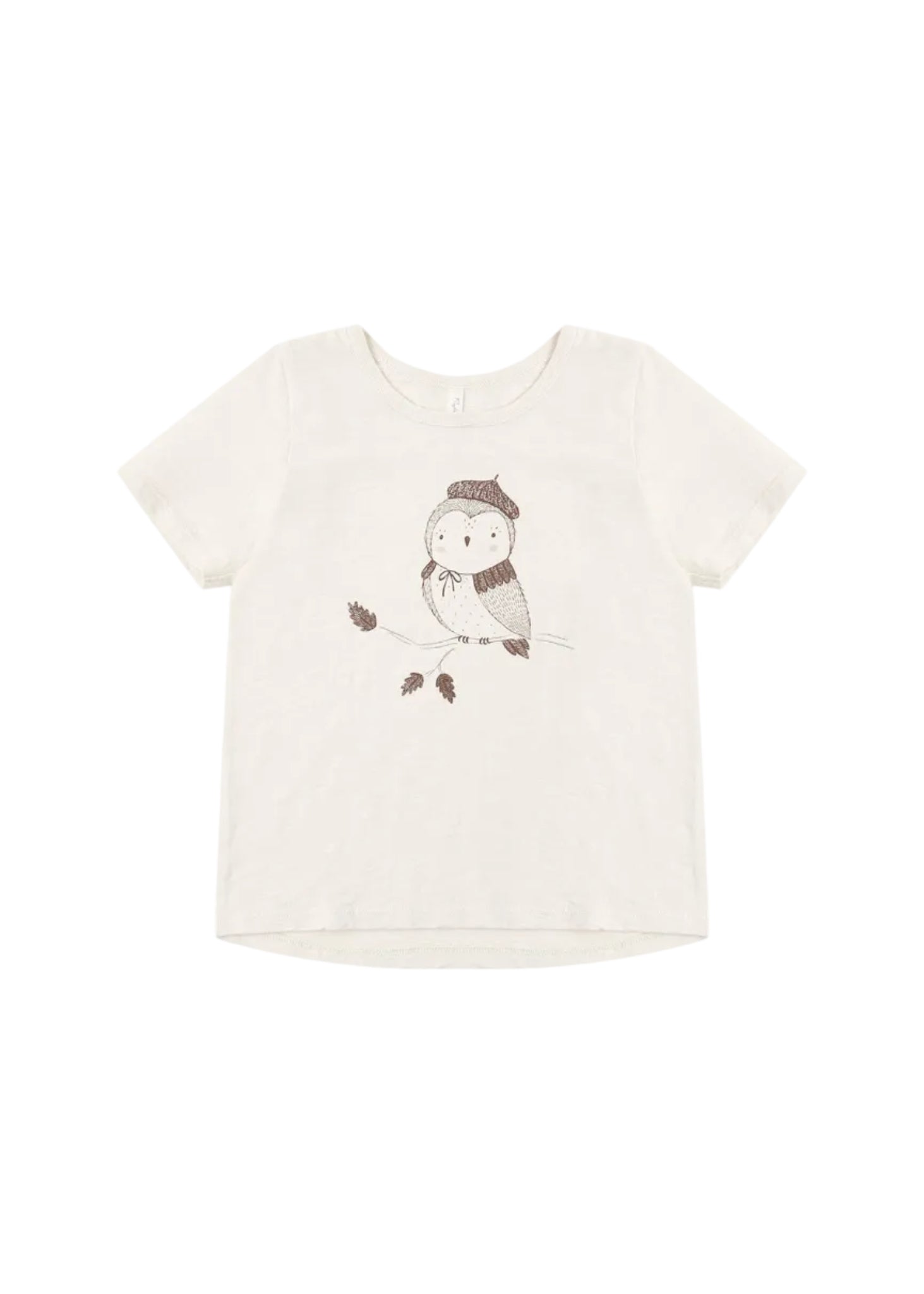 White t-shirt with owl design on a white background