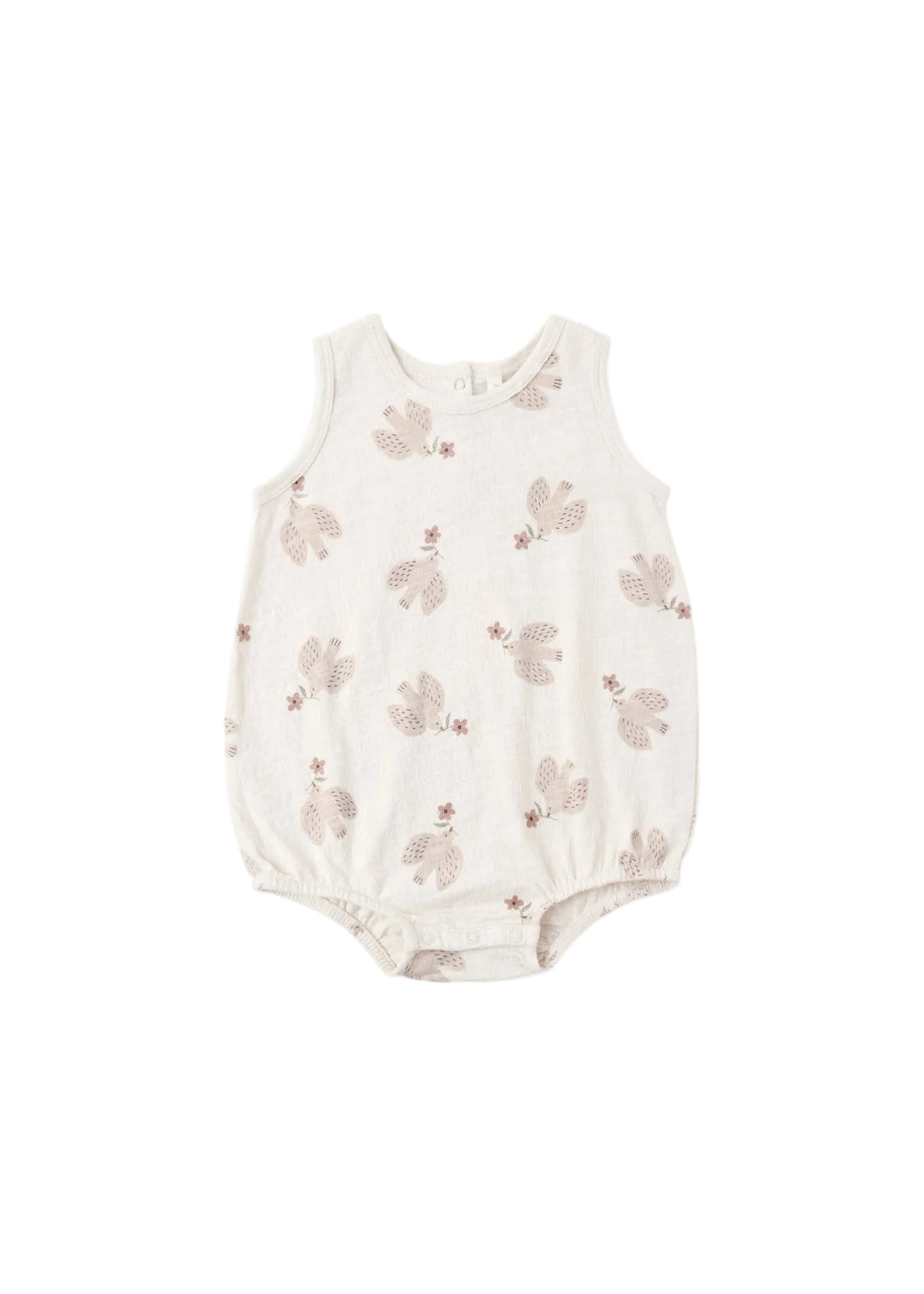 An off-white sleeveless baby romper with a delicate brown bird and flower pattern, displayed flat against a solid white background.