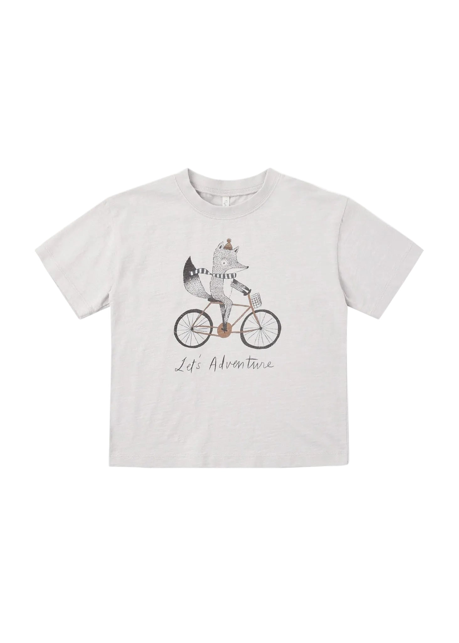 White t-shirt with a graphic of a fox riding a bicycle and 'Life is an Adventure' text on a white background.
