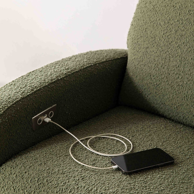 NAMI ELECTRONIC RECLINER AND SWIVEL GLIDER RECLINER WITH USB PORT - OLIVE BOUCLE WITH LIGHT WOOD BASE