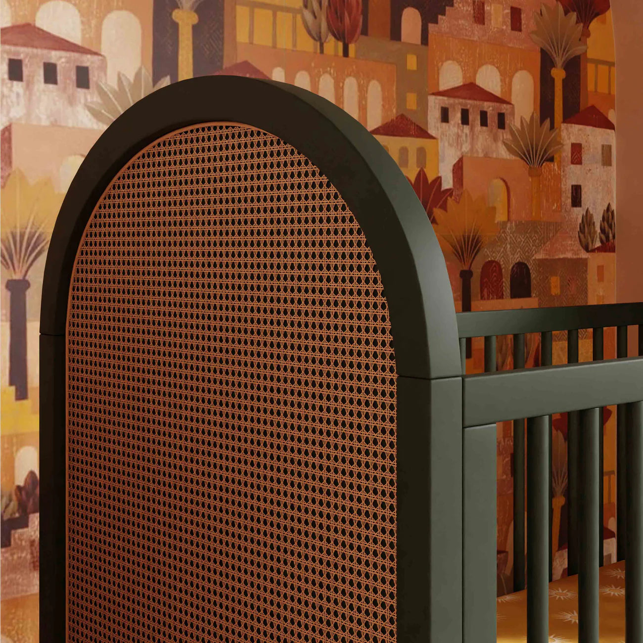 BONDI 3-IN-1 CONVERTIBLE CRIB WITH TODDER CONVERSION KIT - FOREST GREEN WITH NATURAL CANE