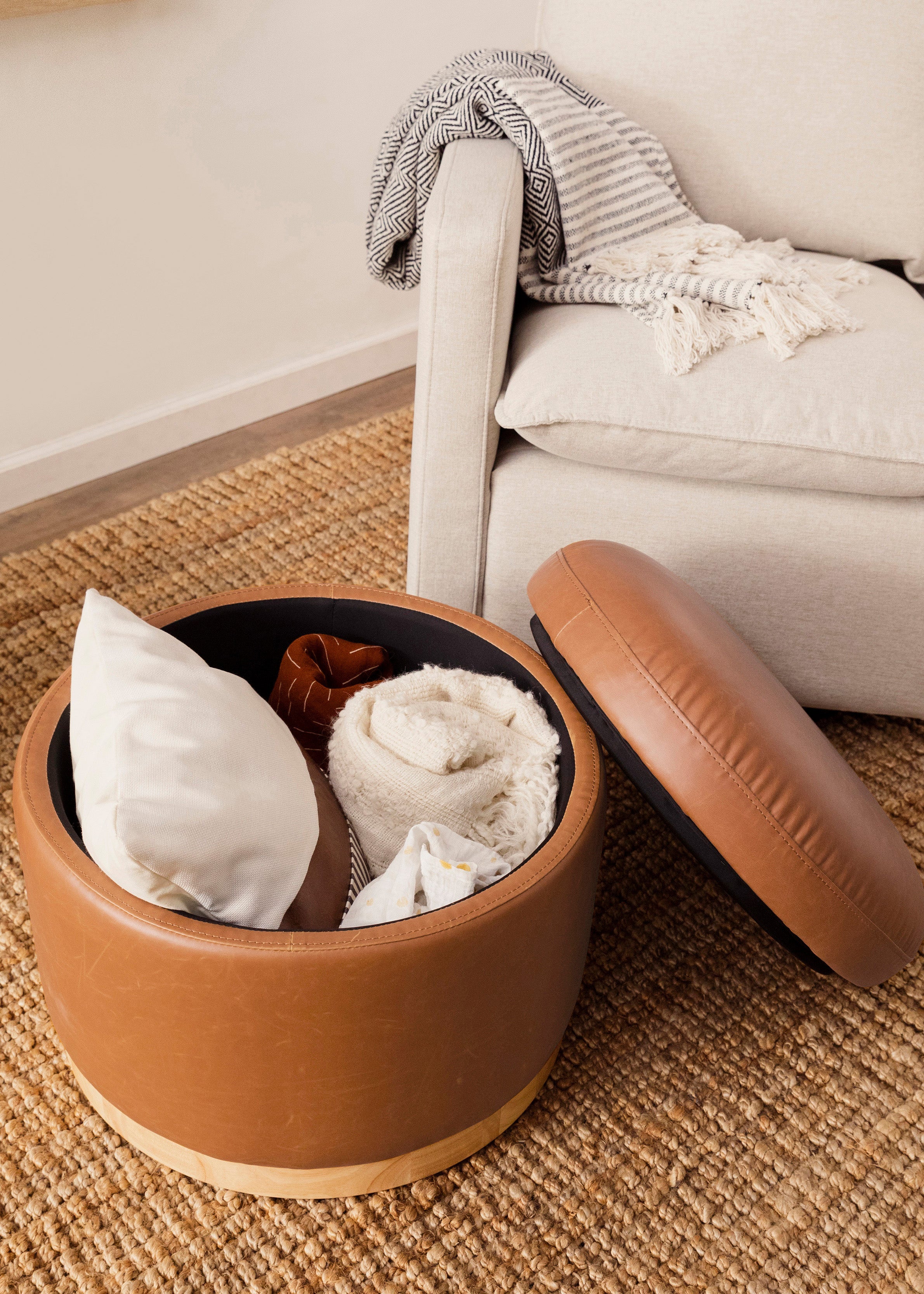 NAKA STORAGE OTTOMAN - TAN VEGAN LEATHER – eggy 