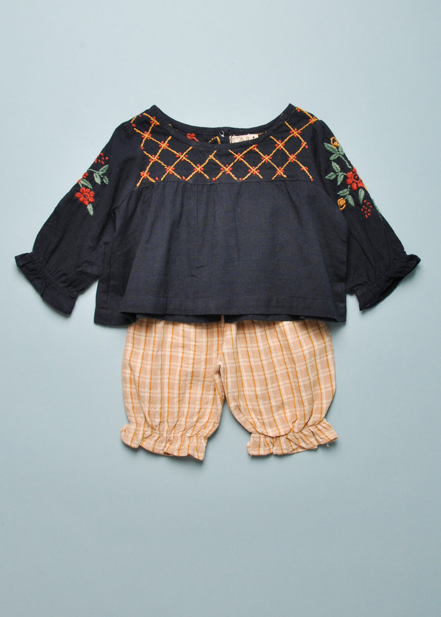 EMBROIDERED/PLAID SET - NAVY