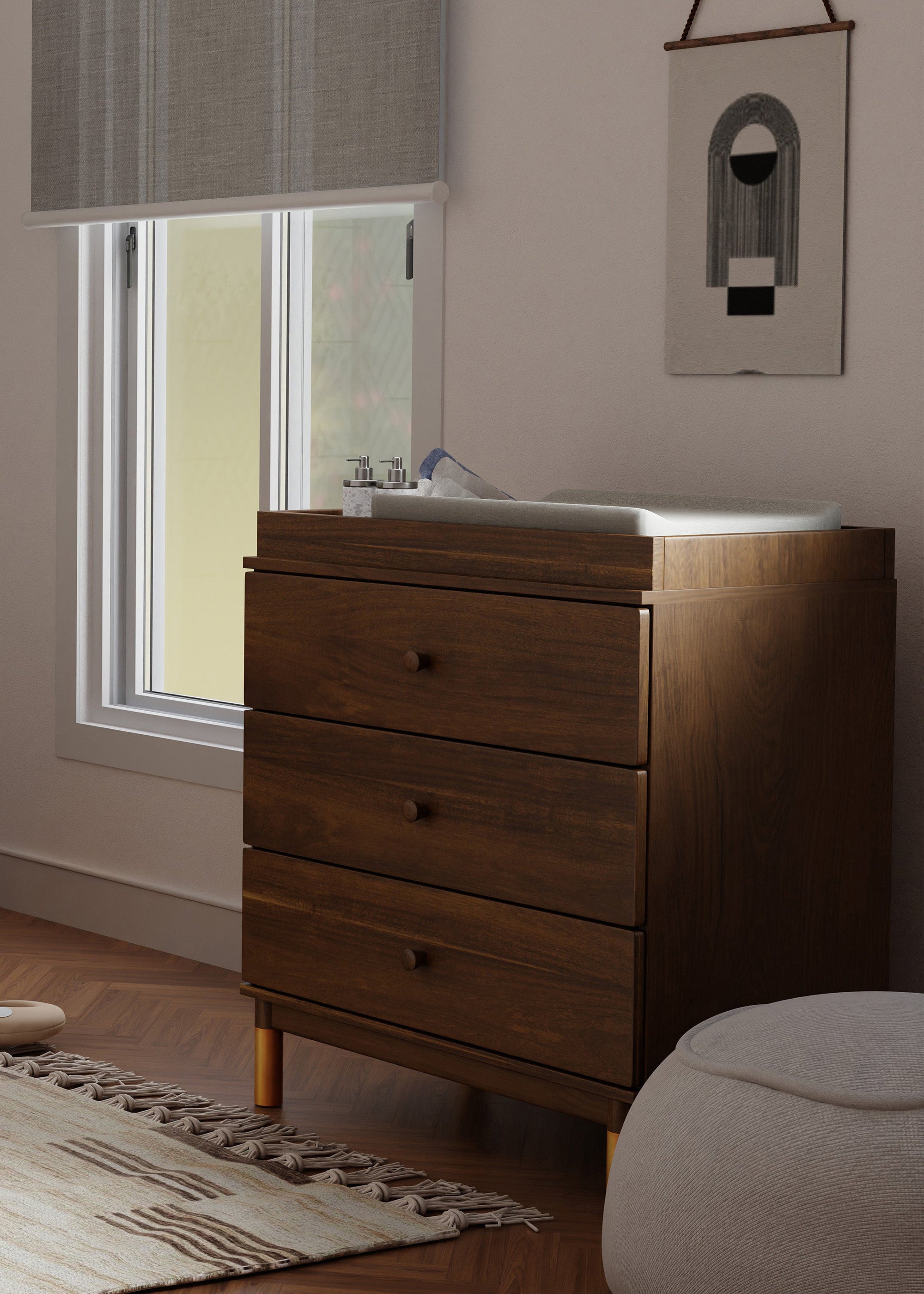 GELATO 3 DRAWER CHANGER DRESSER - NATURAL WALNUT AND GOLD FEET