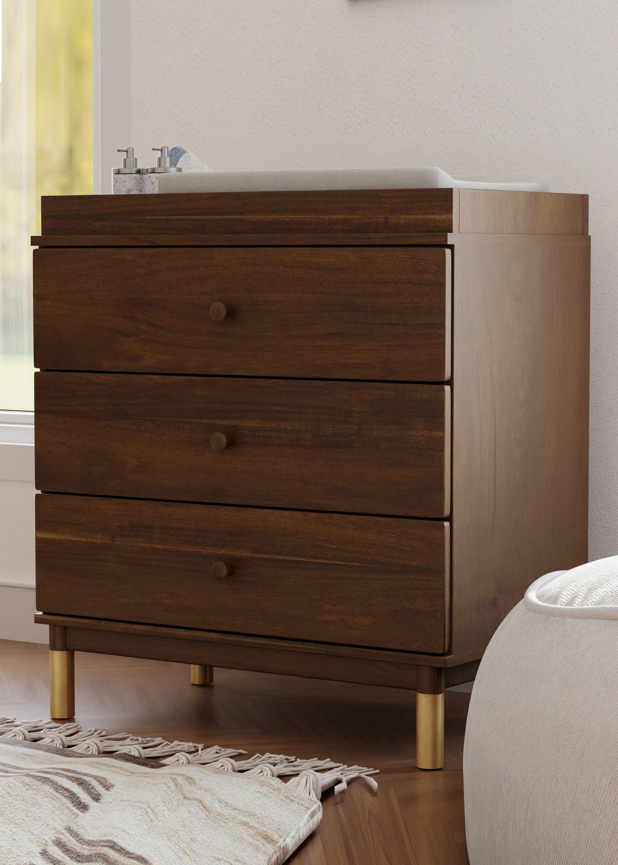GELATO 3 DRAWER CHANGER DRESSER - NATURAL WALNUT AND GOLD FEET